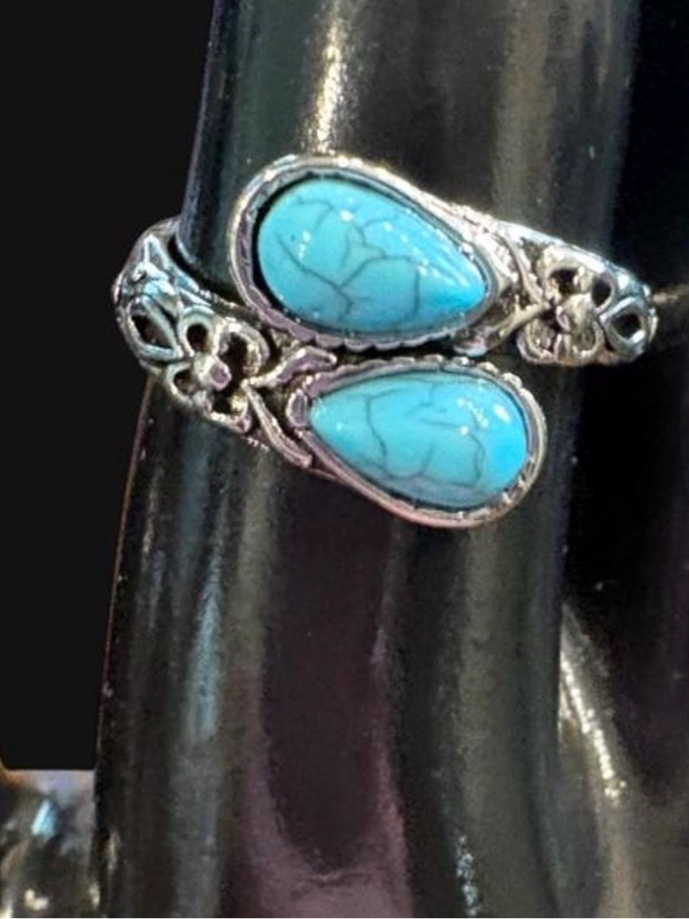 Turquoise Teardrop Silver Plated Adjustable Ring - Women